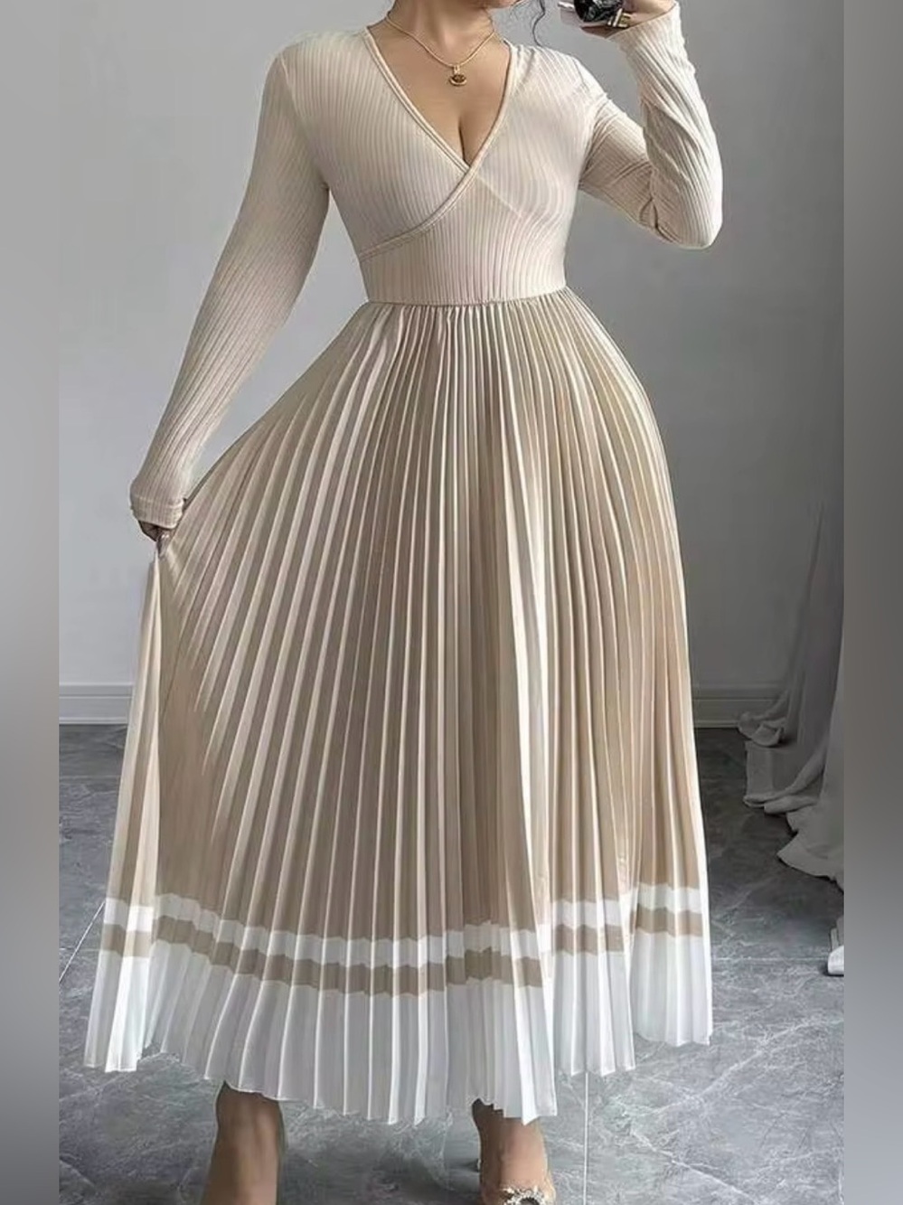 SHEIN Beige Cream Pleated Long-Sleeve Maxi Dress